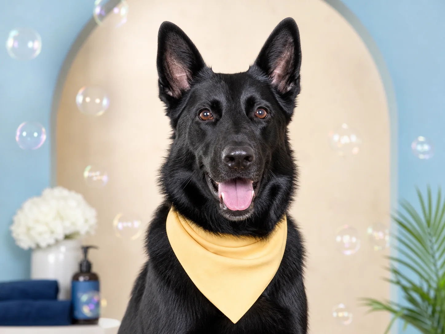 Freshly groomed black shepherd wearing a yellow bandana