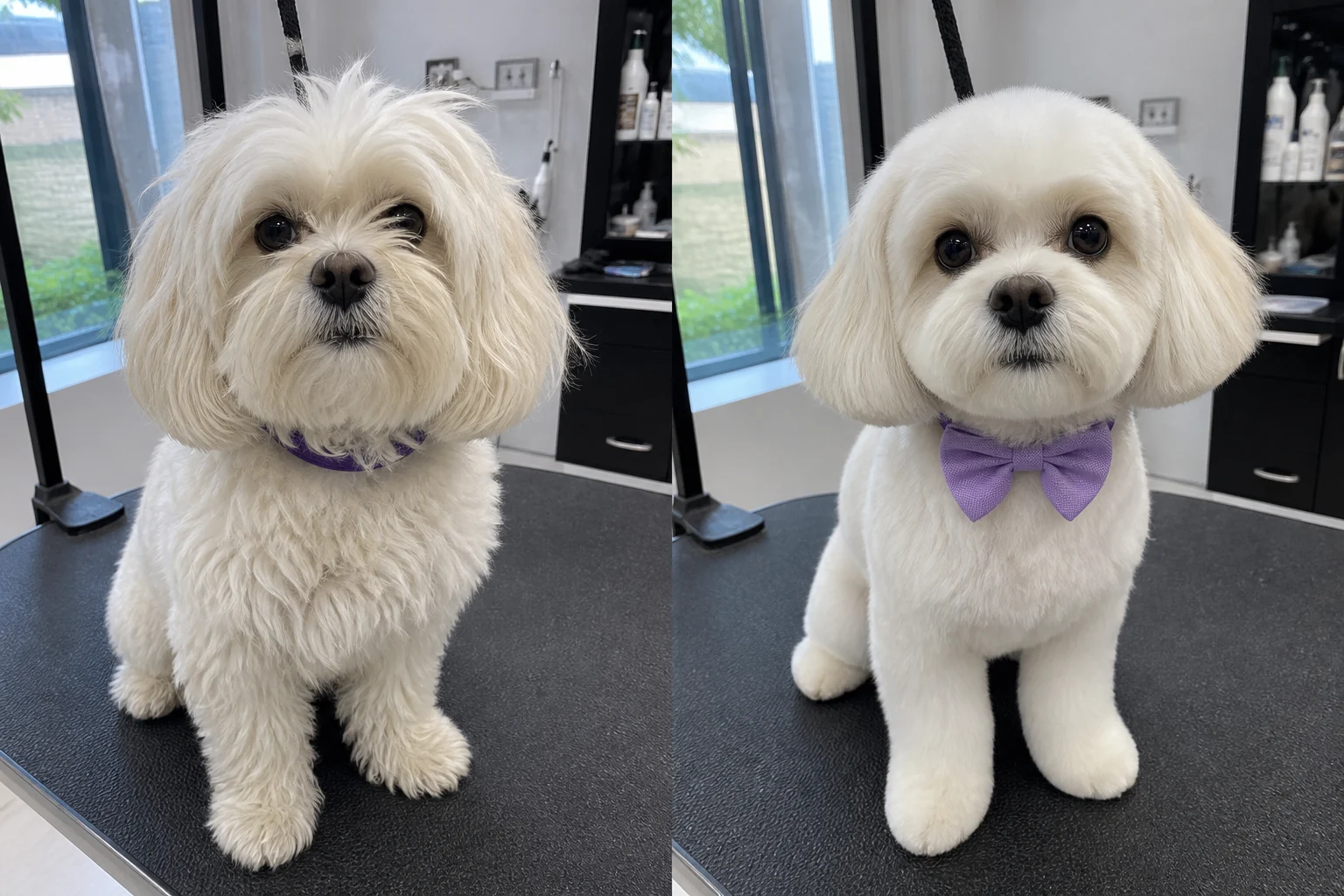 Illustrative side-by-side transformation of Luna, a small white dog, before and after a gentle groom