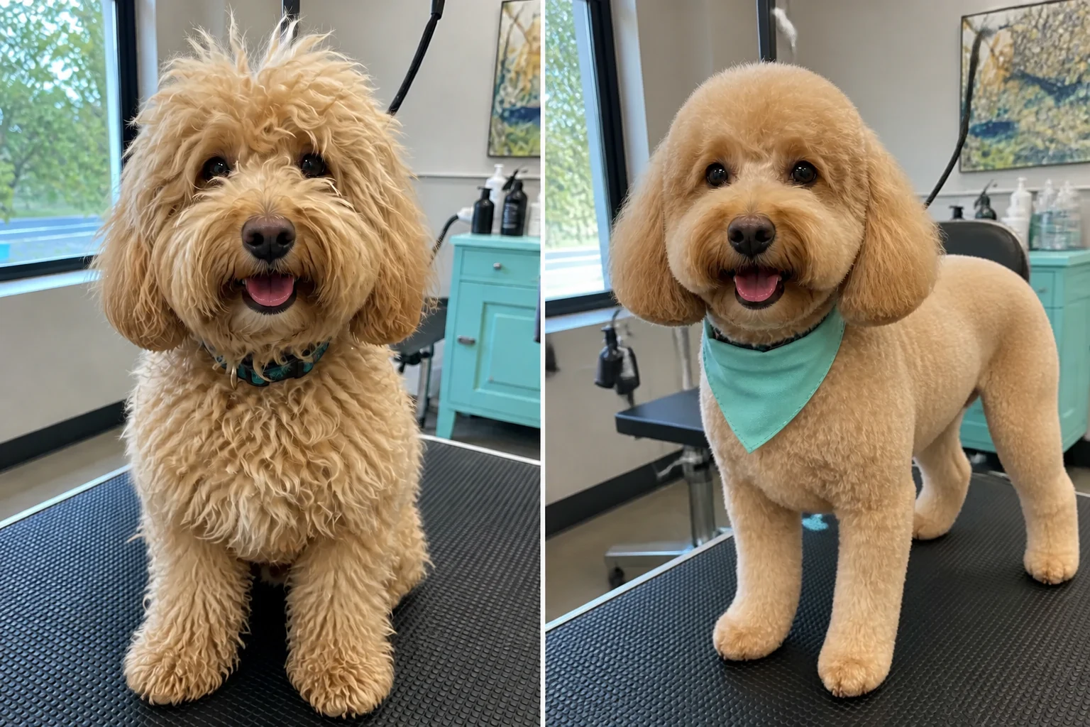 Illustrative side-by-side transformation of Milo, an apricot doodle, before and after a full groom