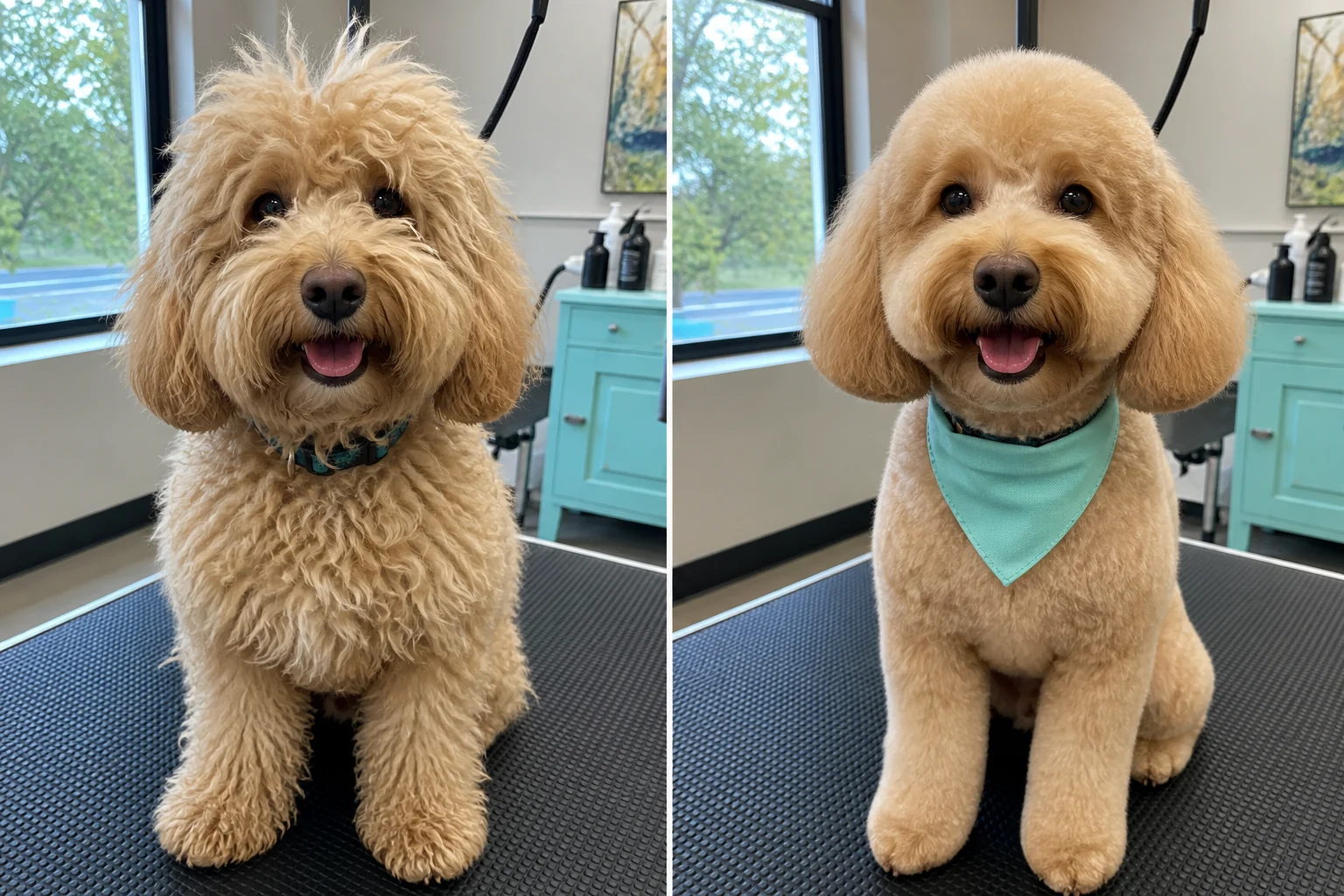 Illustrative side-by-side transformation of Milo, an apricot doodle, before and after a full groom