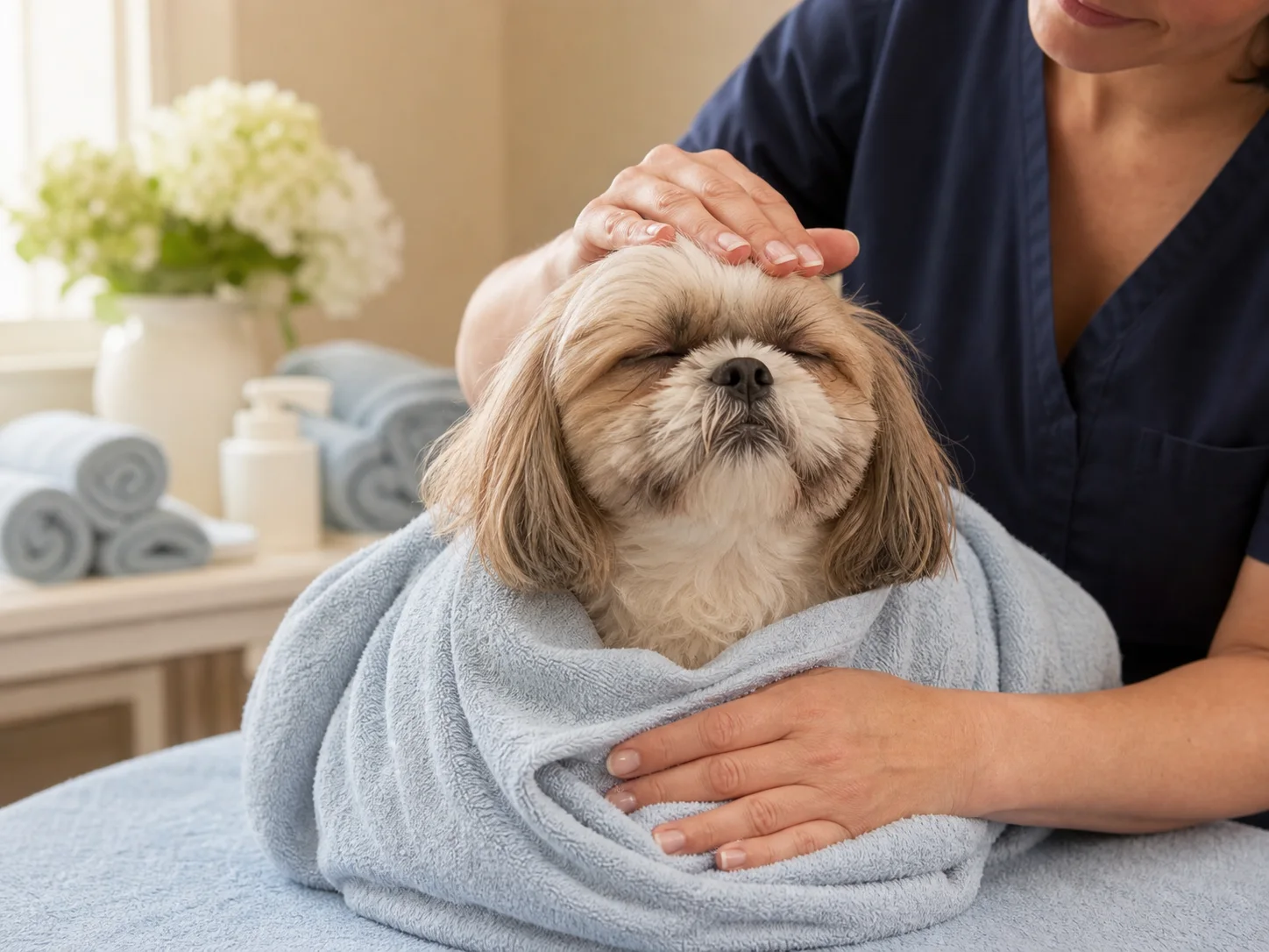 Relaxed Shih Tzu wrapped in a soft towel during a calm spa break