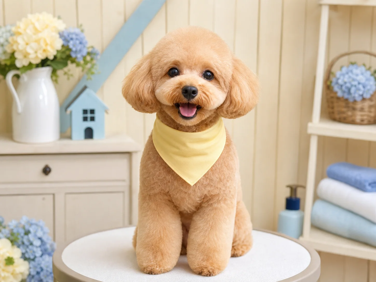 Freshly groomed toy poodle wearing a yellow bandana