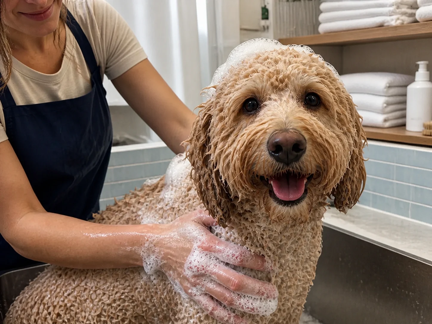 A candid phone photo of an apricot doodle enjoying a bubbly bath at the grooming spa