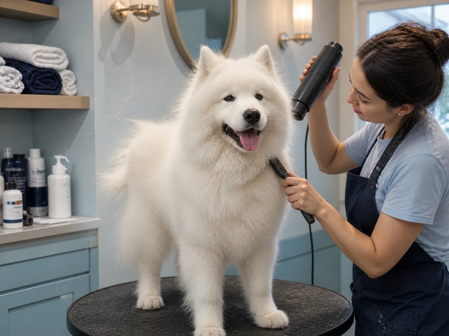 A candid phone photo of a fluffy white dog receiving a gentle blow-dry and brush-out
