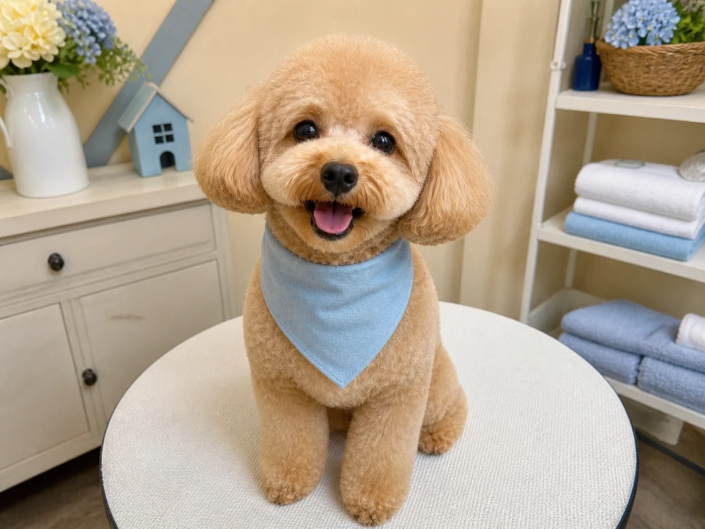 A candid phone photo of a freshly groomed apricot poodle in a warm beige and soft blue spa setting