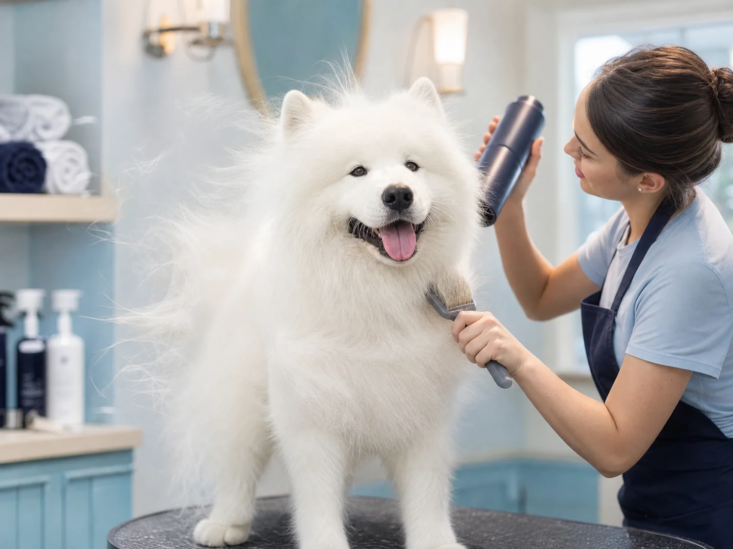Fluffy Samoyed being blow-dried and brushed