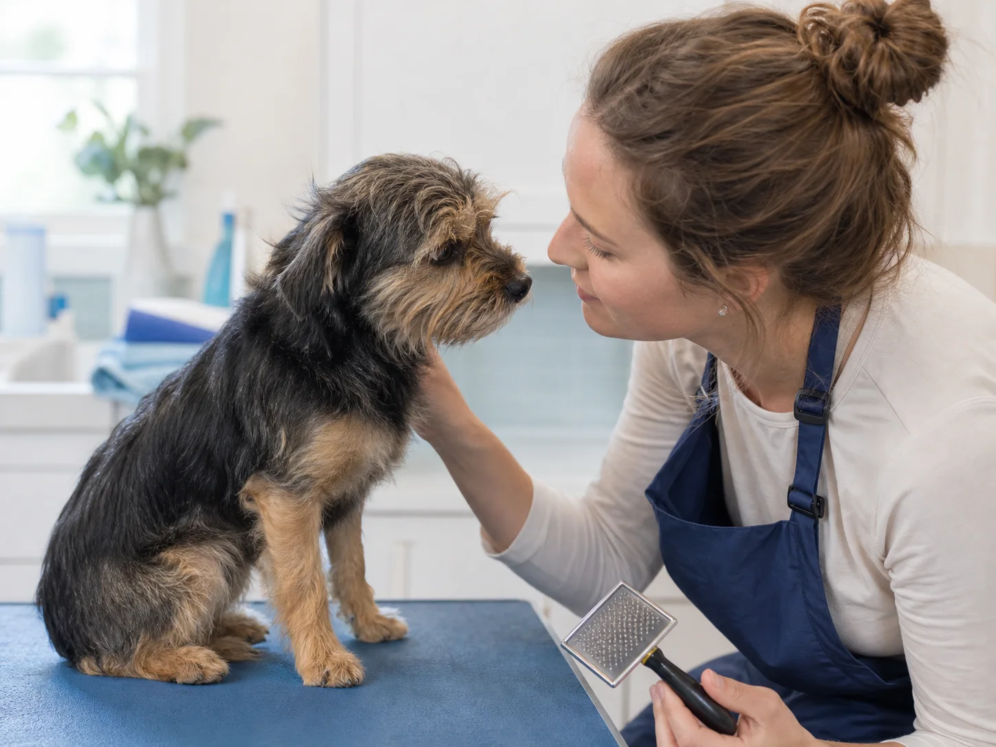 A groomer reassuring a small terrier during a one-on-one appointment