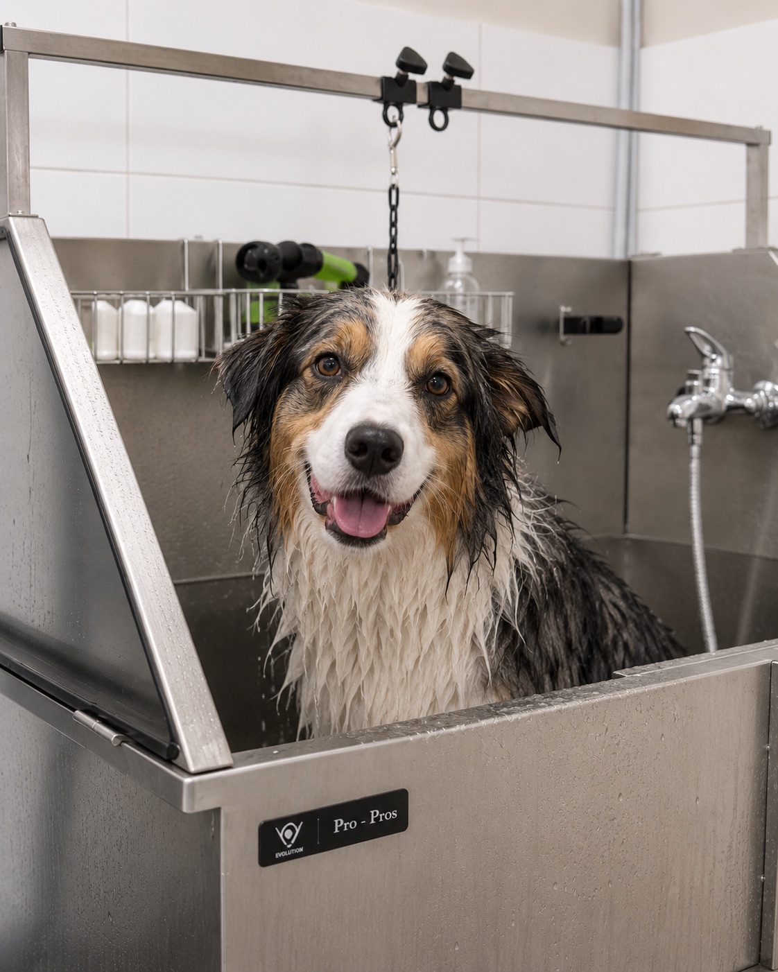 A happy wet dog standing in the professional bath at MTL Canine Spa