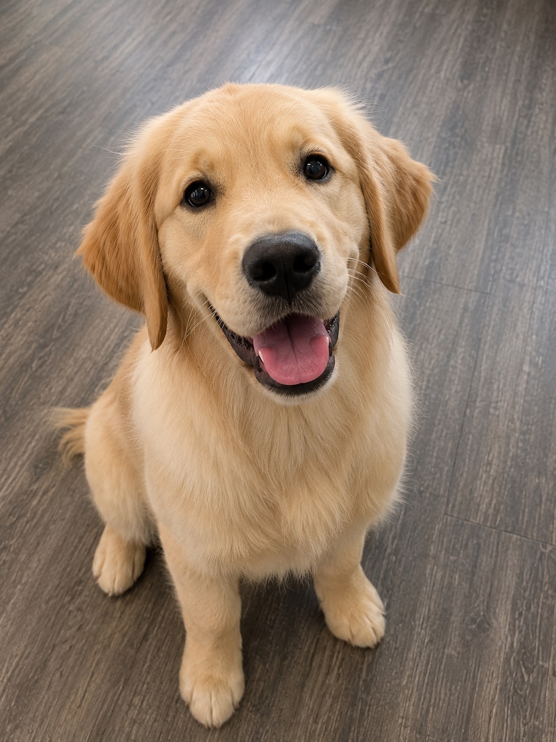 A happy golden retriever puppy sitting inside MTL Canine Spa