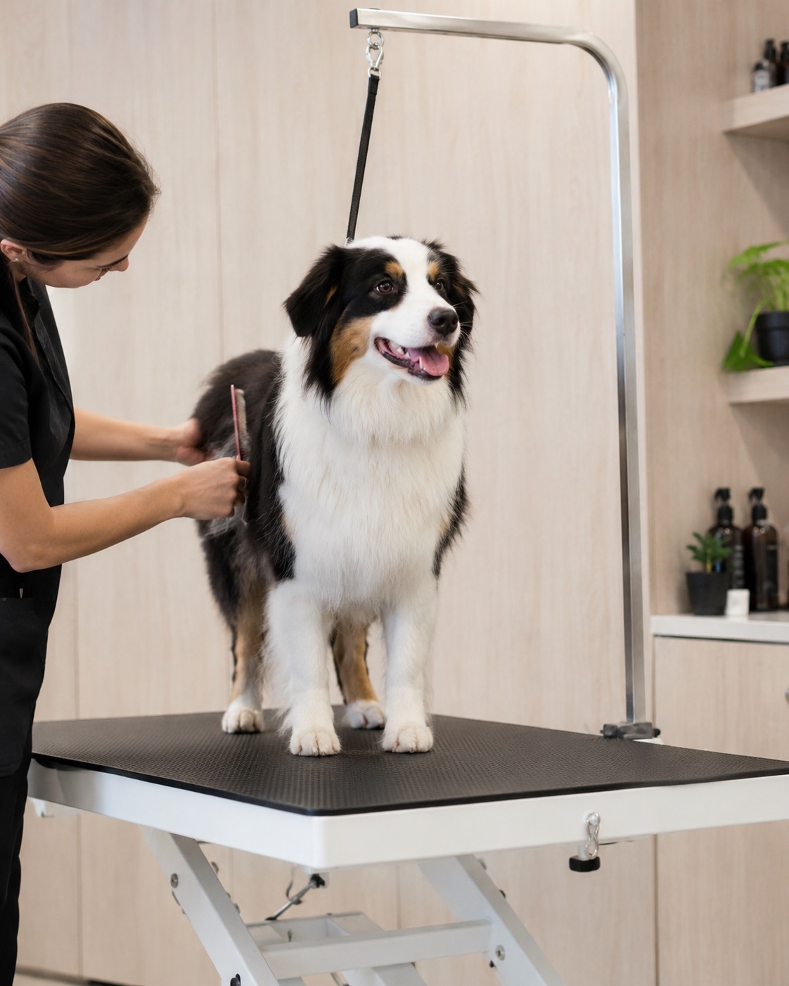 An MTL Canine Spa groomer gently brushing a tri-colour dog